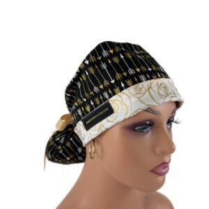 Turn Up Ponytail Medical Scrub Cap - Golden Arrows and Flowers