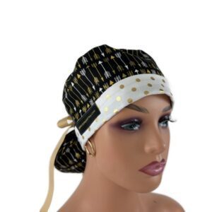 Turn Up Ponytail Medical Scrub Cap - Golden Arrows and Dots