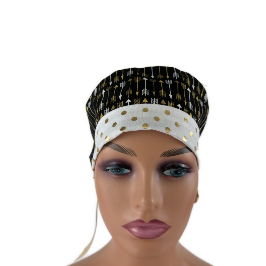 Turn Up Ponytail Medical Scrub Cap - Golden Arrows and Dots - Image 2