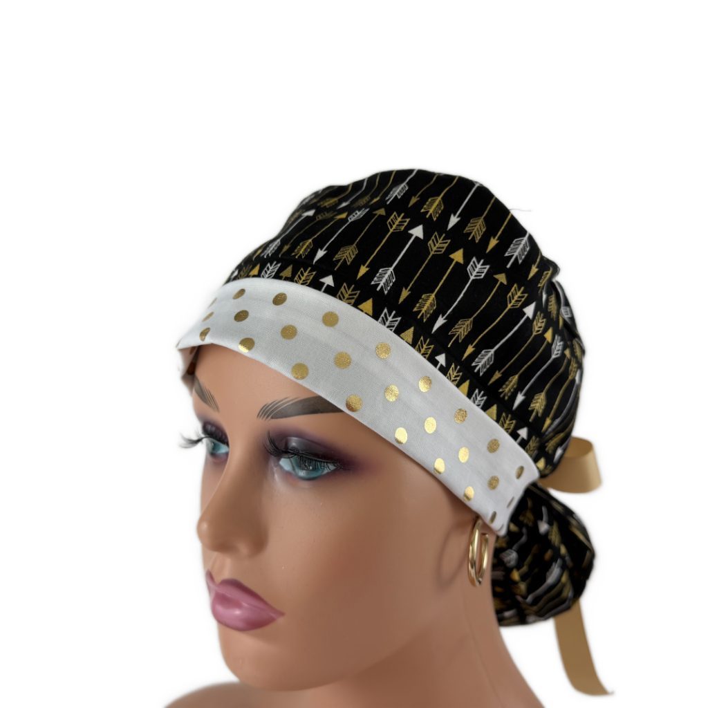 Turn Up Ponytail Medical Scrub Cap - Golden Arrows and Dots - Image 3