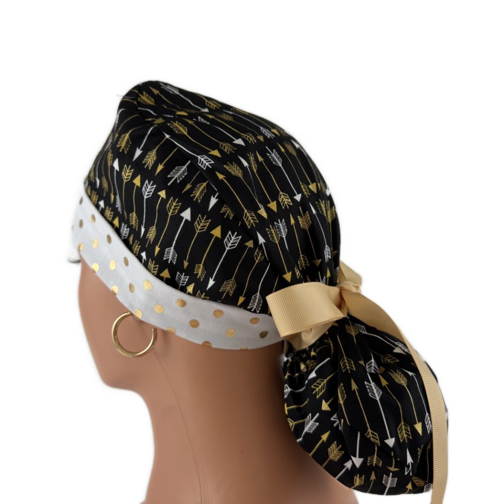 Turn Up Ponytail Medical Scrub Cap - Golden Arrows and Dots - Image 4