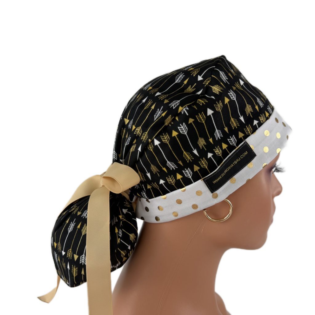 Turn Up Ponytail Medical Scrub Cap - Golden Arrows and Dots - Image 5