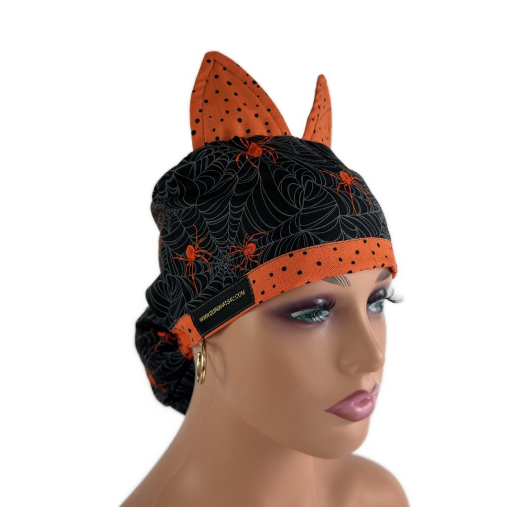 Turn Up Ponytail Medical Scrub Cap - Spiders And Dots (Ears)