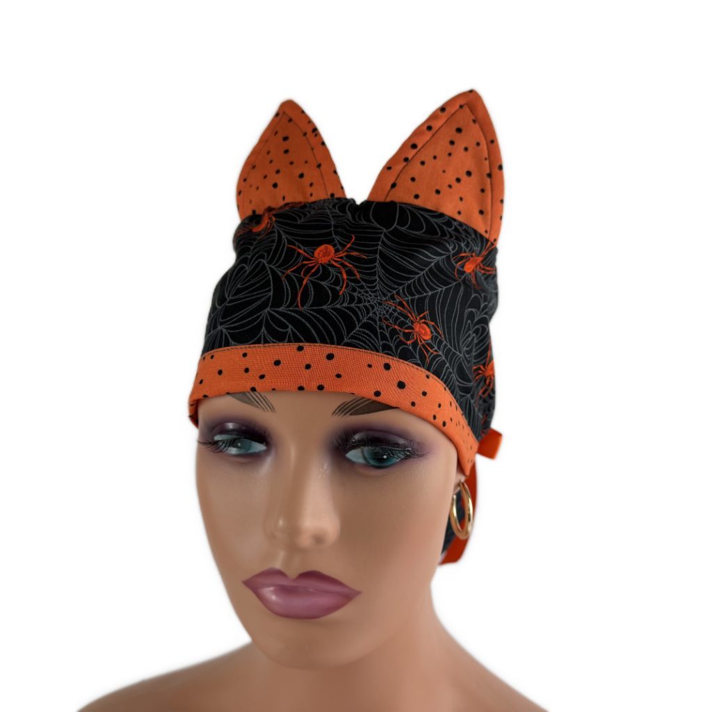Turn Up Ponytail Medical Scrub Cap - Spiders And Dots (Ears) - Image 2