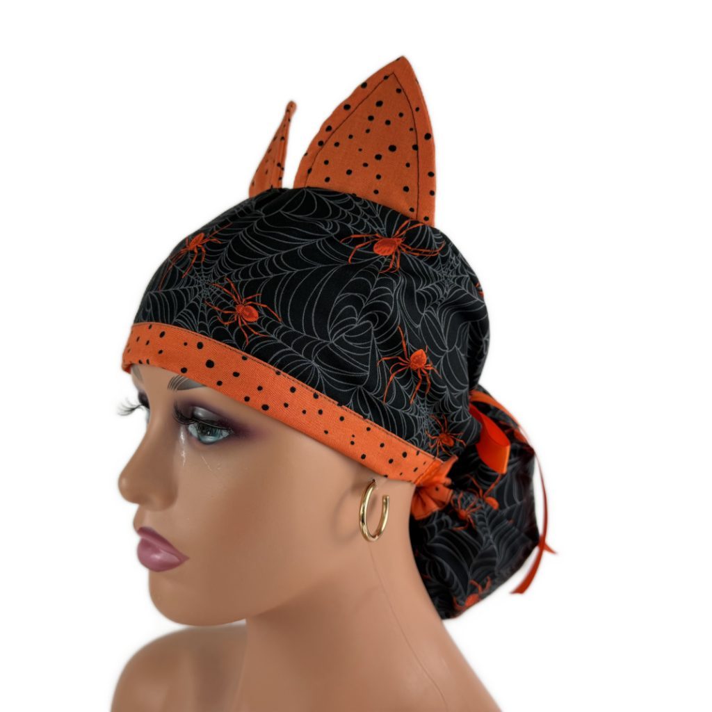 Turn Up Ponytail Medical Scrub Cap - Spiders And Dots (Ears) - Image 3