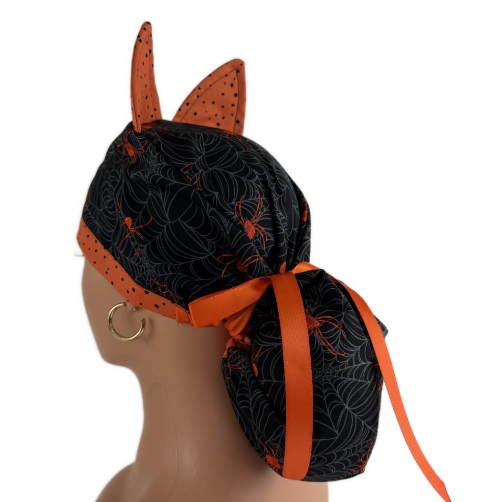 Turn Up Ponytail Medical Scrub Cap - Spiders And Dots (Ears) - Image 4