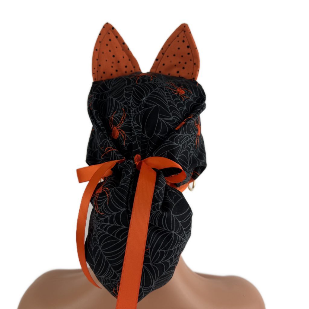 Turn Up Ponytail Medical Scrub Cap - Spiders And Dots (Ears) - Image 5