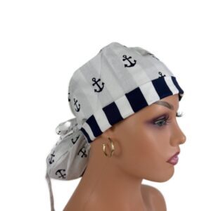 Turn Up Ponytail Medical Scrub Cap - Anchors/Stripes (White)