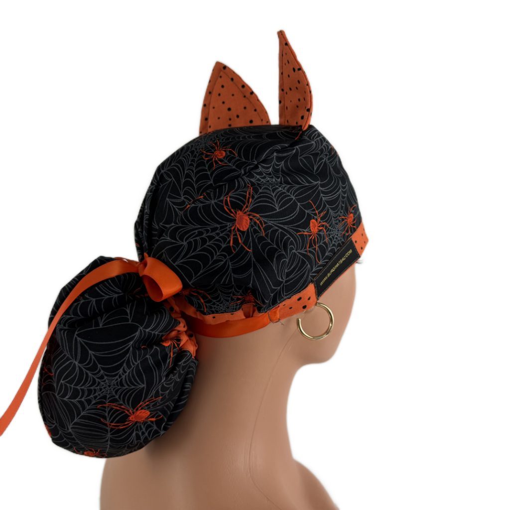 Turn Up Ponytail Medical Scrub Cap - Spiders And Dots (Ears) - Image 6