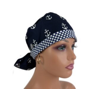 Turn Up Ponytail Medical Scrub Cap - Anchors And Dots (Navy Blue)
