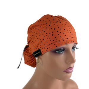 Ponytail Medical Scrub Cap - Black Dots Over Orange
