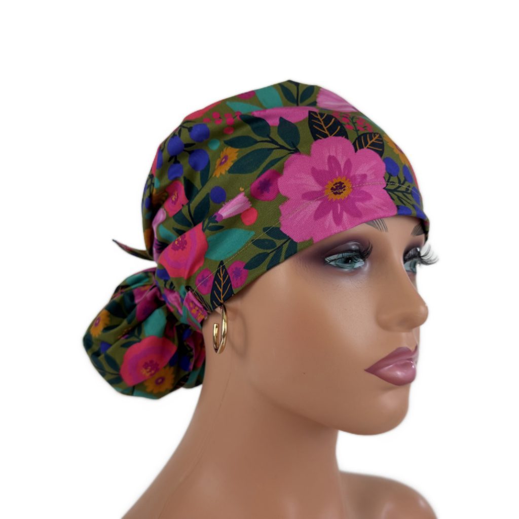 Ponytail Medical Scrub Cap – Sateen Lined - Blooming Medallions/Pink - Image 10