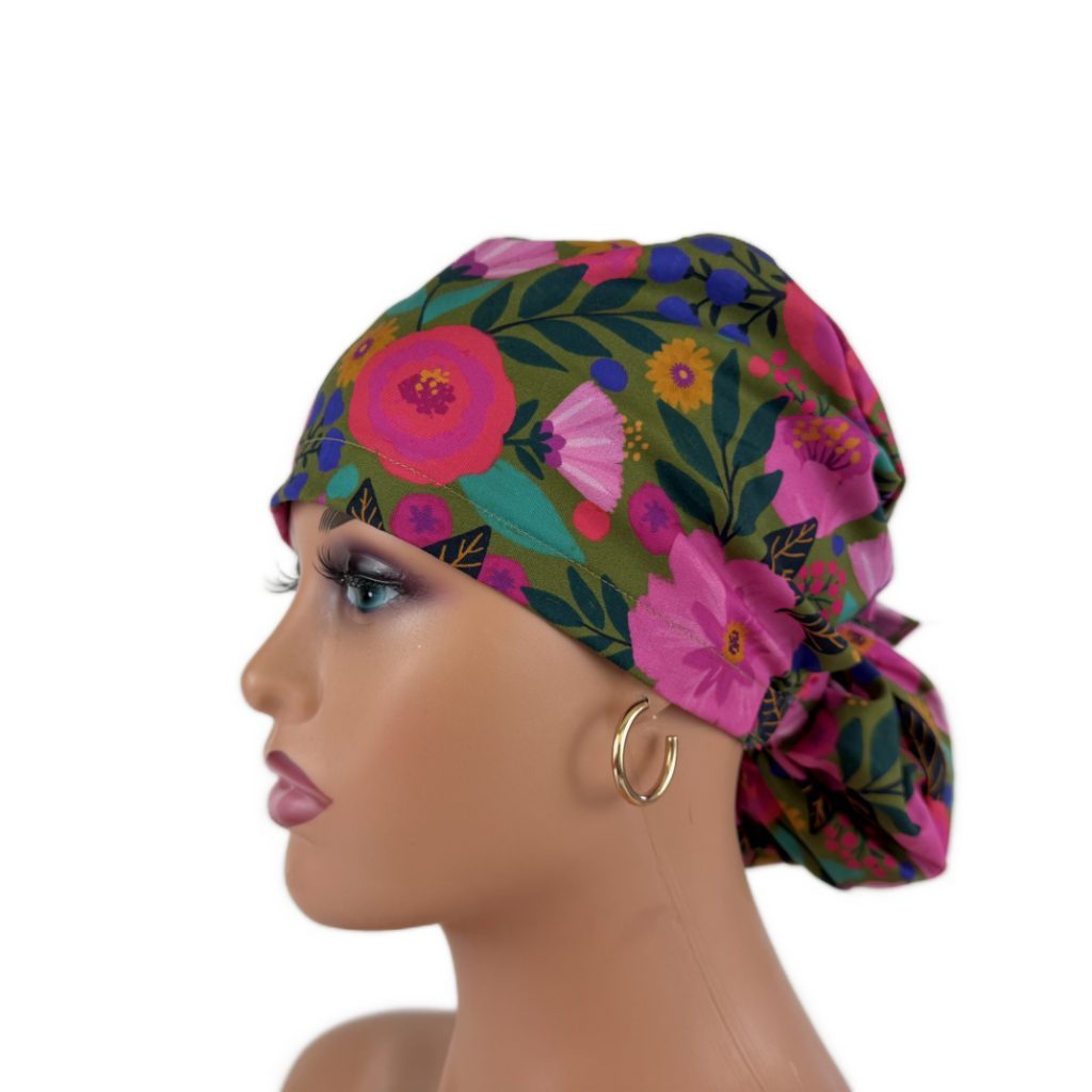 Ponytail Medical Scrub Cap – Sateen Lined - Blooming Medallions/Pink - Image 11