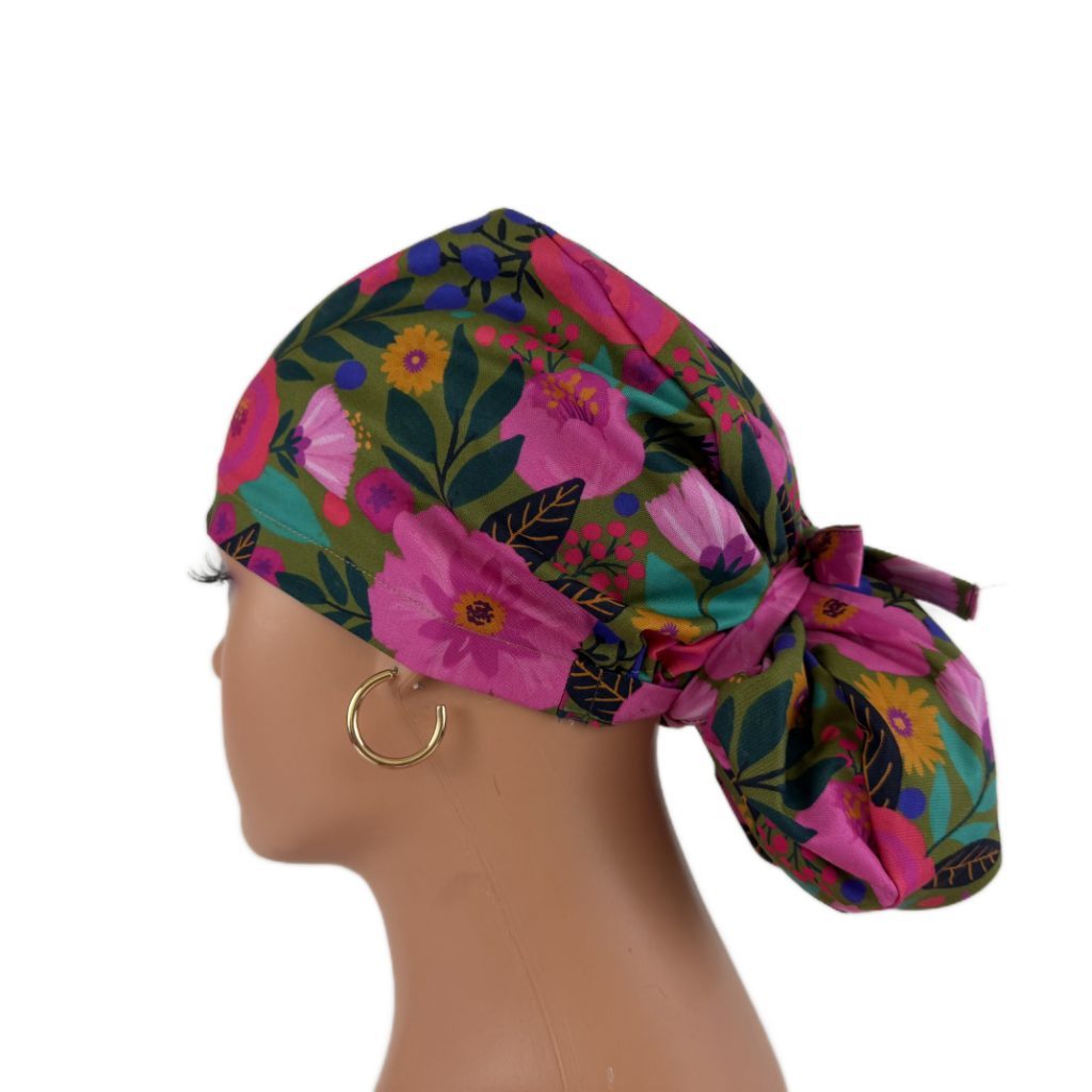 Ponytail Medical Scrub Cap – Sateen Lined - Blooming Medallions/Pink - Image 16