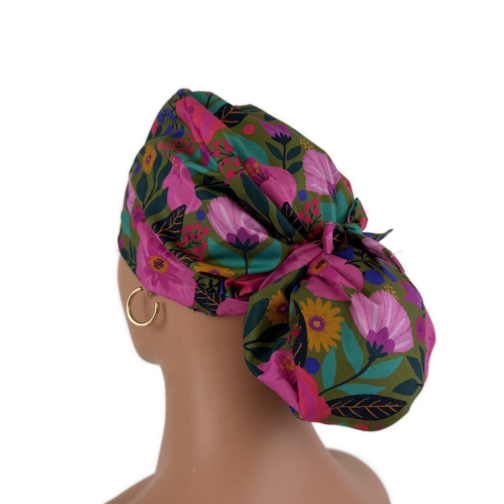 Ponytail Medical Scrub Cap – Sateen Lined - Blooming Medallions/Pink - Image 14
