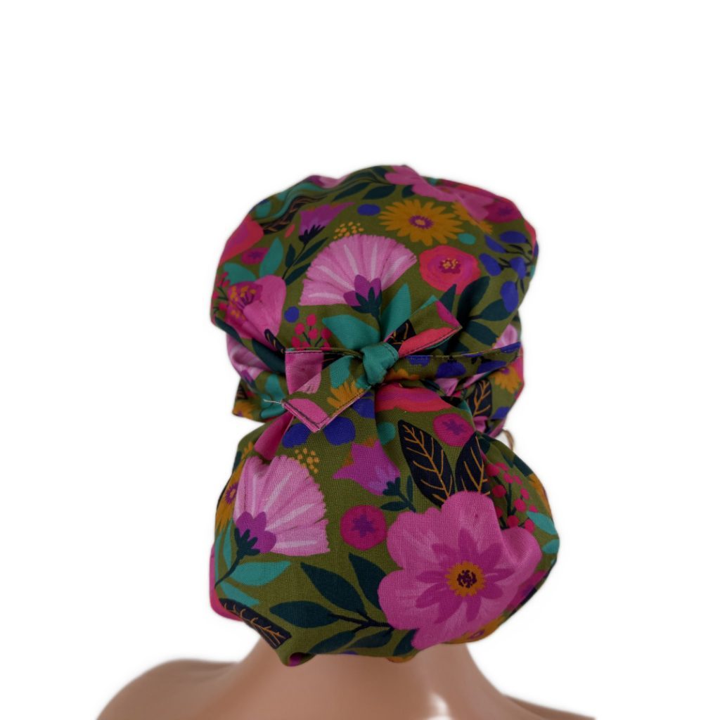 Ponytail Medical Scrub Cap – Sateen Lined - Blooming Medallions/Pink - Image 13