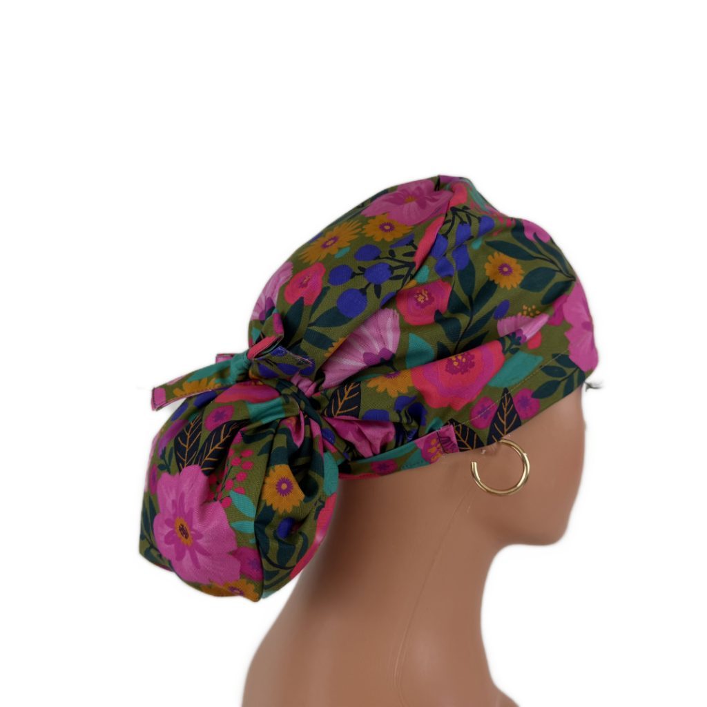Ponytail Medical Scrub Cap – Sateen Lined - Blooming Medallions/Pink - Image 12