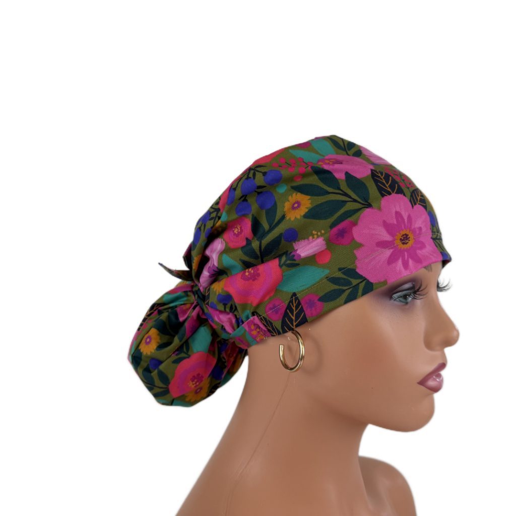 Ponytail Medical Scrub Cap – Sateen Lined - Blooming Medallions/Pink - Image 15