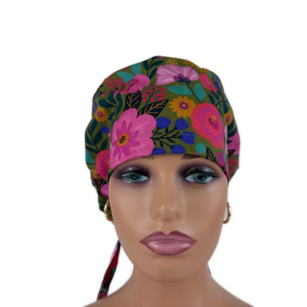 Ponytail Medical Scrub Cap – Sateen Lined - Blooming Medallions/Pink - Image 3