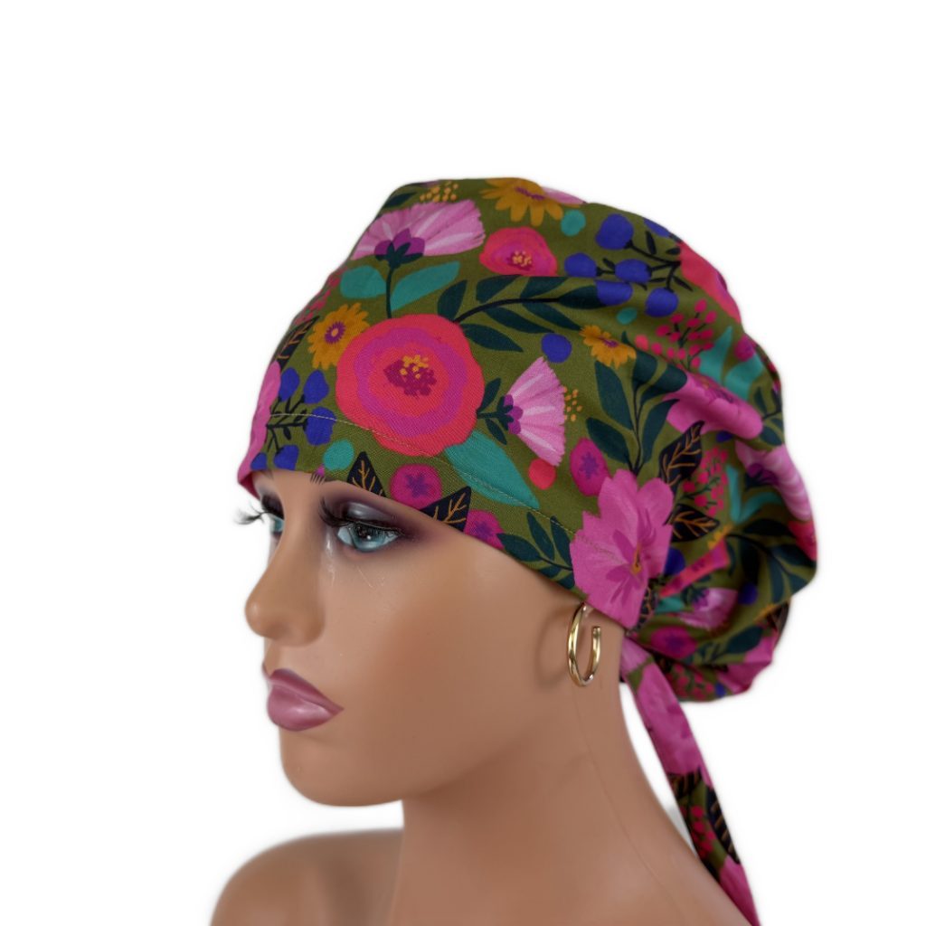 Ponytail Medical Scrub Cap – Sateen Lined - Blooming Medallions/Pink - Image 4