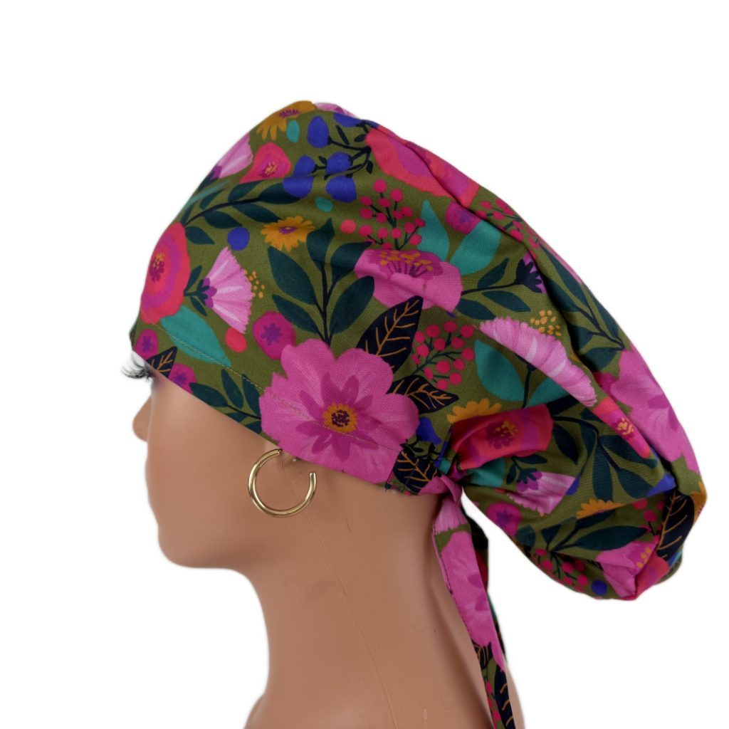Ponytail Medical Scrub Cap – Sateen Lined - Blooming Medallions/Pink - Image 9