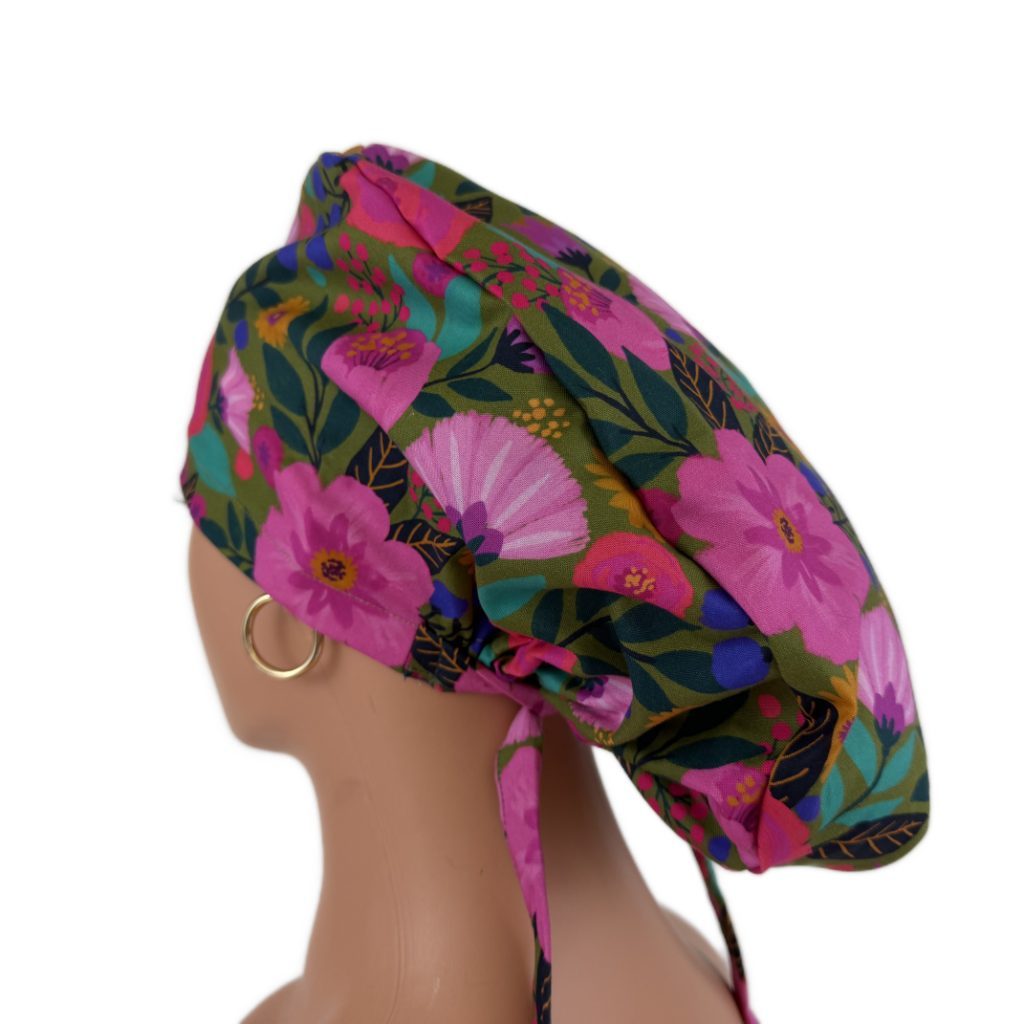 Ponytail Medical Scrub Cap – Sateen Lined - Blooming Medallions/Pink - Image 7
