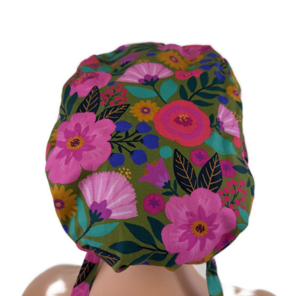 Ponytail Medical Scrub Cap – Sateen Lined - Blooming Medallions/Pink - Image 6