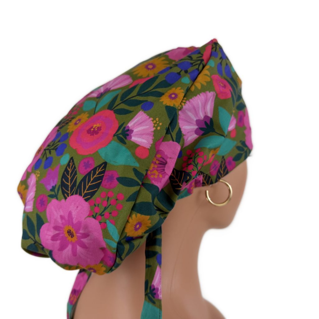 Ponytail Medical Scrub Cap – Sateen Lined - Blooming Medallions/Pink - Image 5