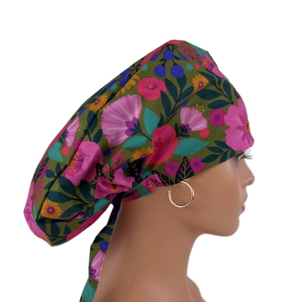 Ponytail Medical Scrub Cap – Sateen Lined - Blooming Medallions/Pink - Image 8