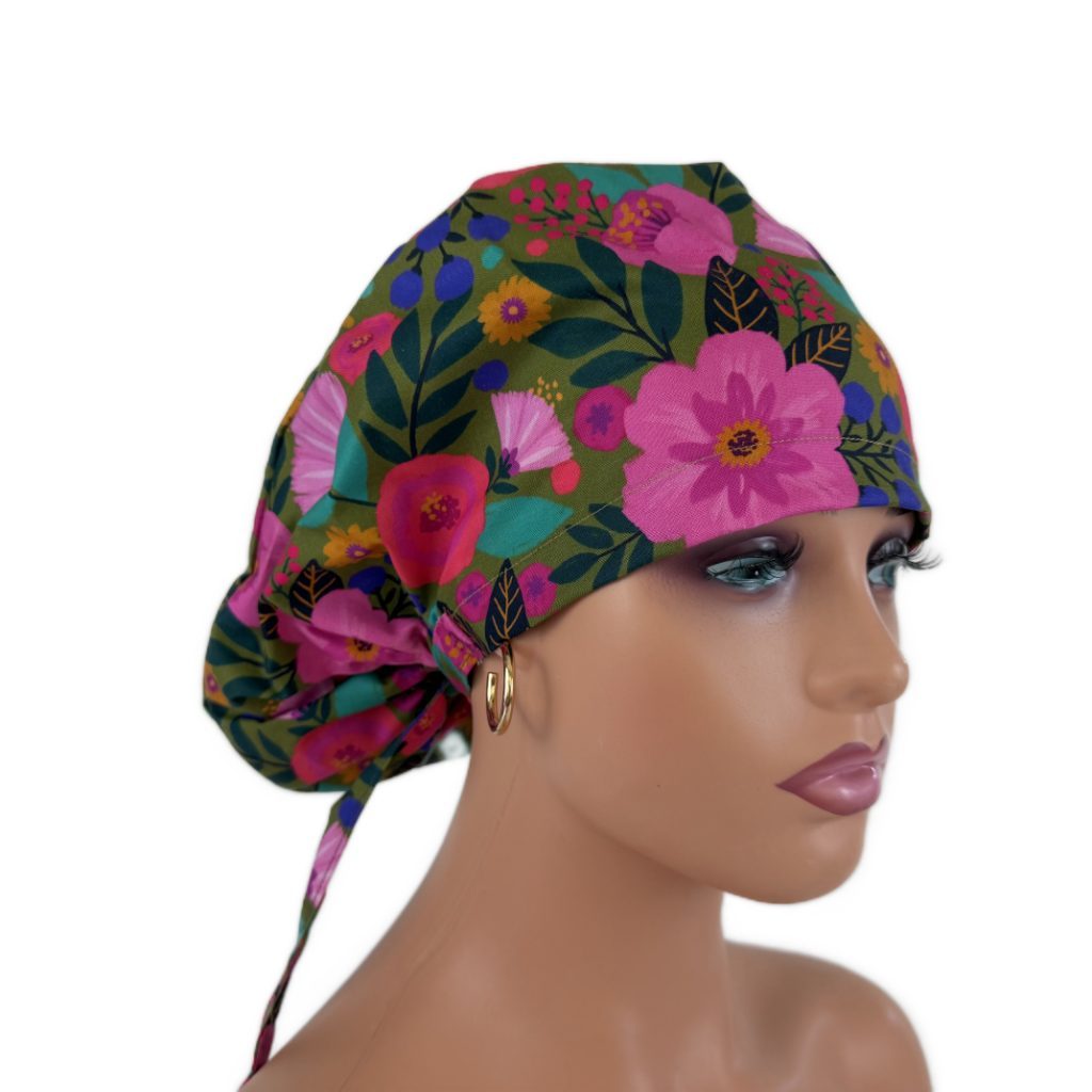 Ponytail Medical Scrub Cap – Sateen Lined - Blooming Medallions/Pink