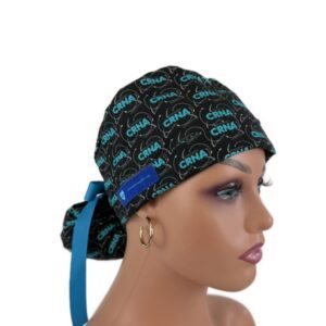 Turn Up Ponytail Medical Scrub Cap - CRNA (Black)