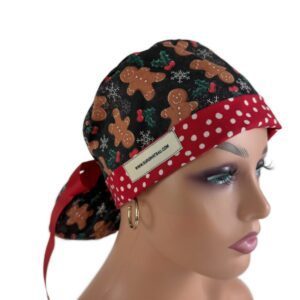 Turn Up Ponytail Medical Scrub Cap - Santa’s Cookies and Dots