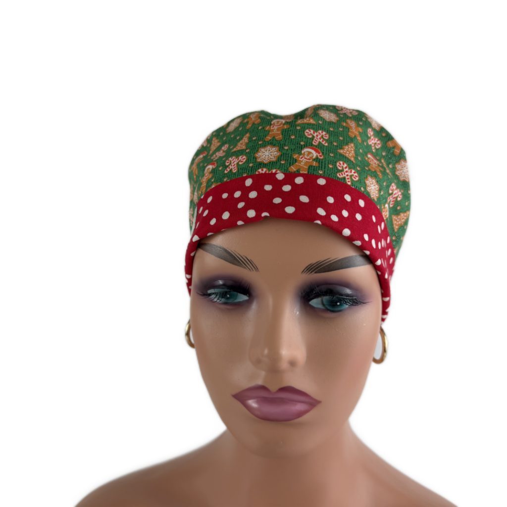 Turn Up Ponytail Medical Scrub Cap - Christmas Cookies and Dots - Image 2