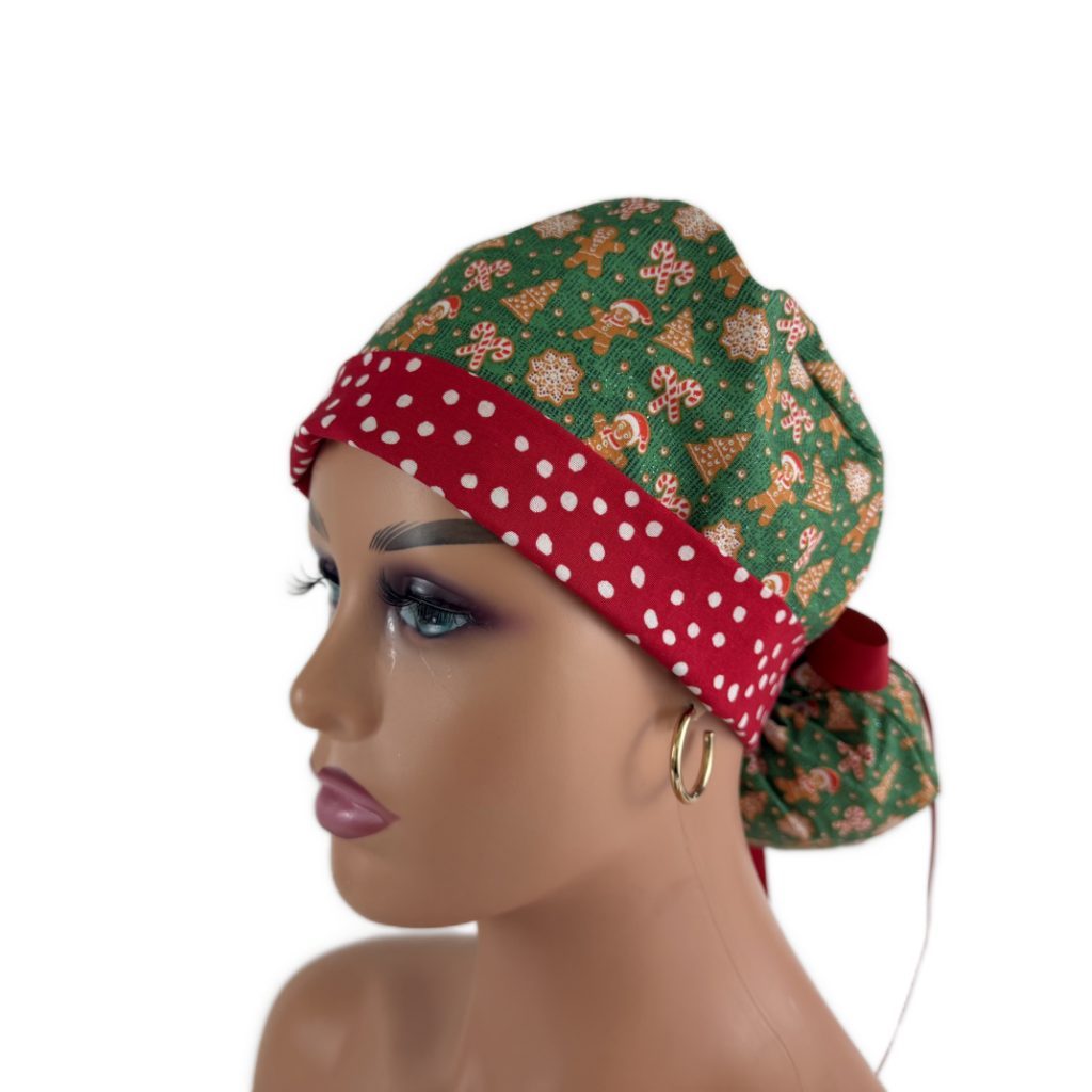 Turn Up Ponytail Medical Scrub Cap - Christmas Cookies and Dots - Image 3