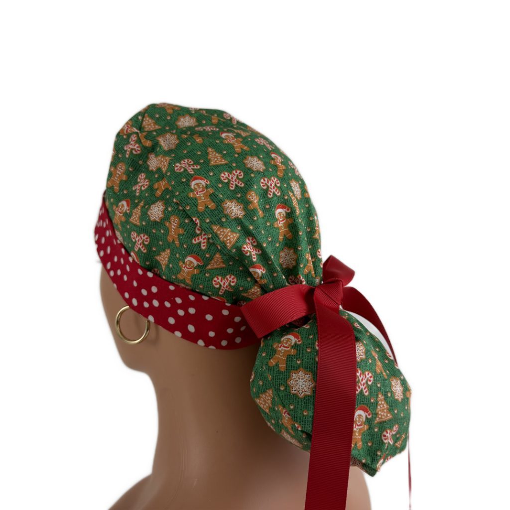 Turn Up Ponytail Medical Scrub Cap - Christmas Cookies and Dots - Image 4