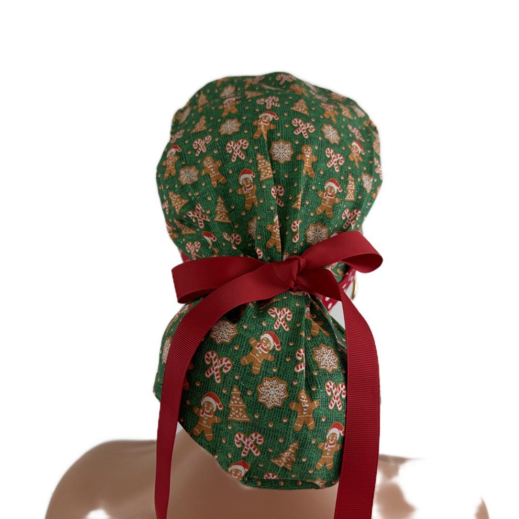 Turn Up Ponytail Medical Scrub Cap - Christmas Cookies and Dots - Image 5