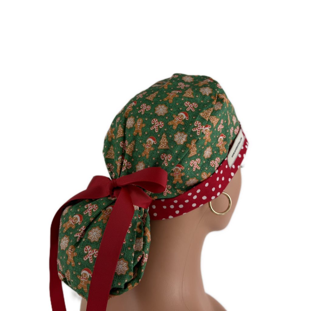 Turn Up Ponytail Medical Scrub Cap - Christmas Cookies and Dots - Image 6
