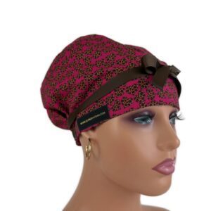 European Style Scrub Cap – (Grosgrain Ribbon) (No Ribbon) Cheetah Hearths Print
