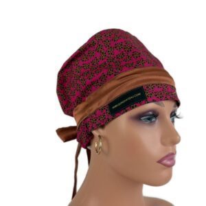 European Style Scrub Cap – (Sateen Ribbon) (No Ribbon) Cheetah Hearths Print