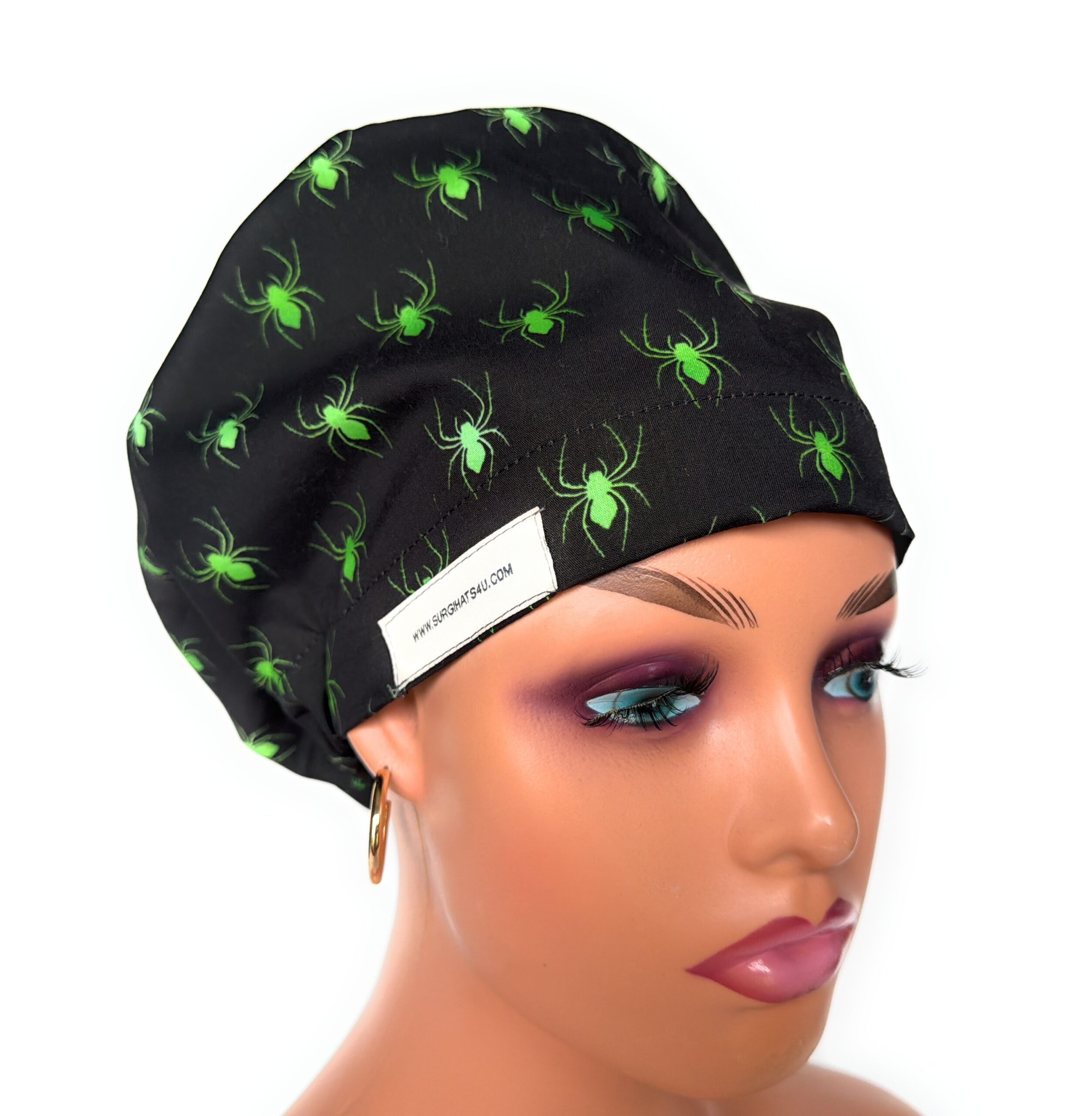 European Style Scrub Cap (Grosgrain Ribbon) - Glow in The Dark/Halloween Spiders - Image 2