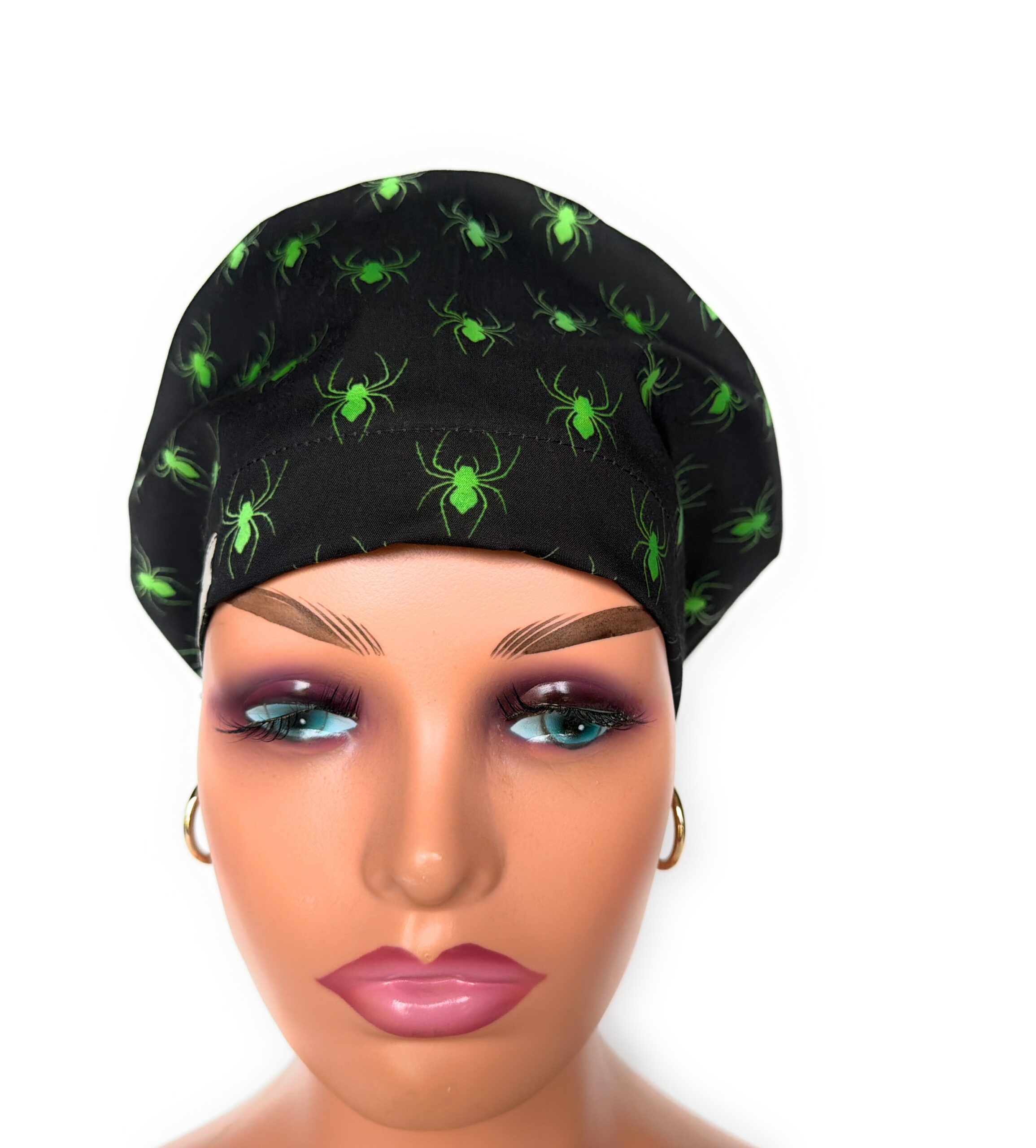 European Style Scrub Cap (Grosgrain Ribbon) - Glow in The Dark/Halloween Spiders - Image 3