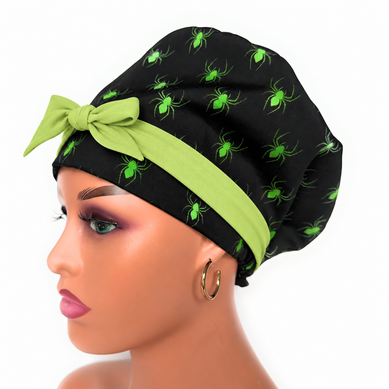 European Style Scrub Cap (Grosgrain Ribbon) - Glow in The Dark/Halloween Spiders