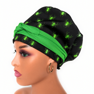 European Style Scrub Cap -Sateen Ribbon - Glow in The Dark/Halloween Spiders