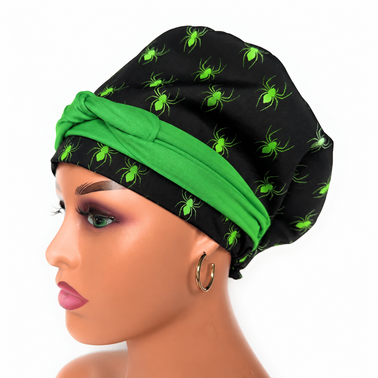 European Style Scrub Cap -Sateen Ribbon - Glow in The Dark/Halloween Spiders